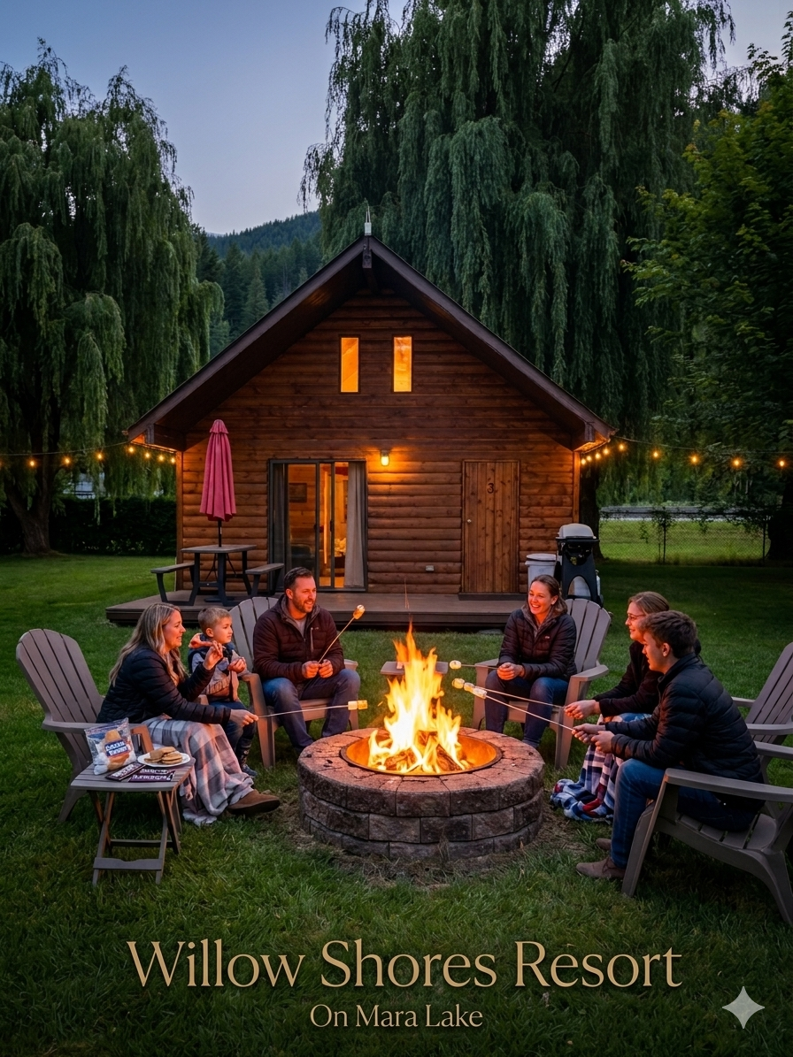Family and friends gathered around a campfire outside a Willow Shores cabin